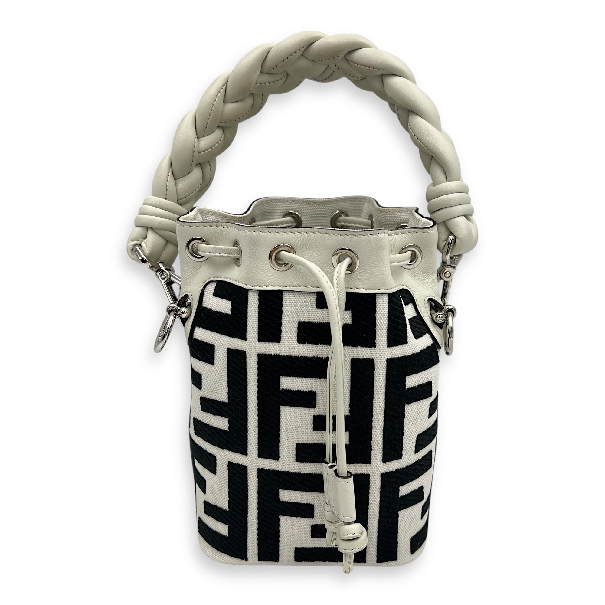 Fendi Mon Tresor White Bucket Bag in Canvas, Silver hardware S2507-007223AN
