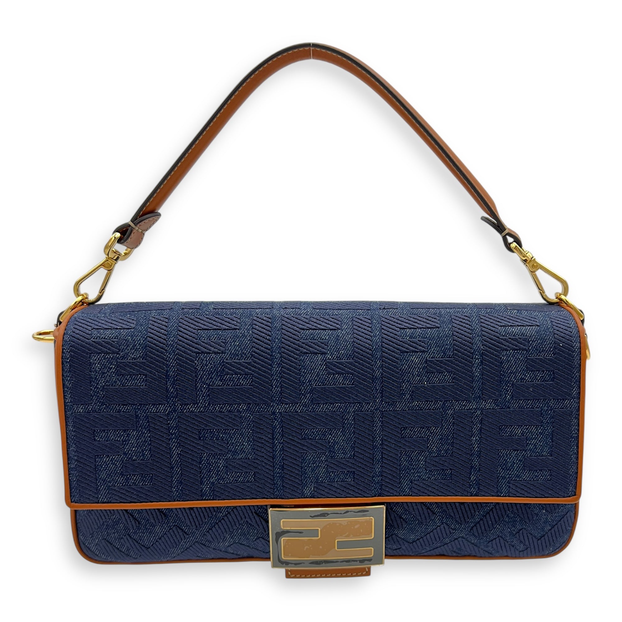 Fendi Baguette Shoulder Bag Blue in Denim, Gold hardware S2508-007594AN