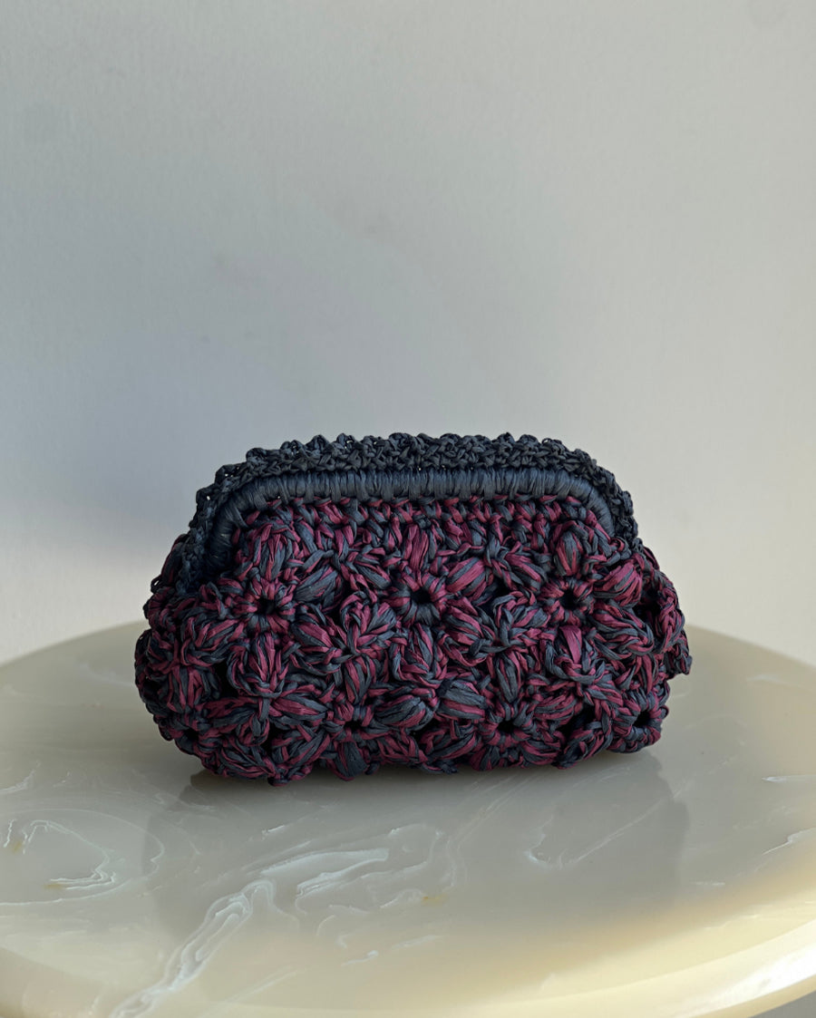 Hand-Crocheted Recta Floral Bag in Raffia Pink with Grey Handle