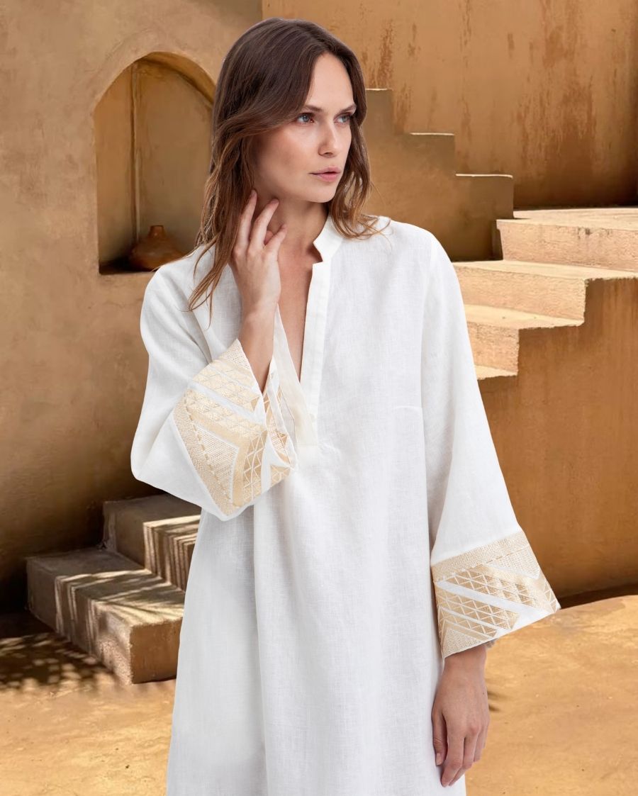 Pyramids Long-Sleeved Embroidered Linen Maxi Dress - Natural Gold