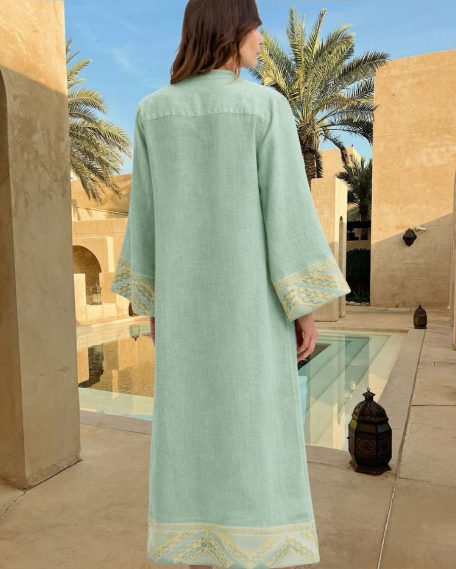 Pyramids Long-Sleeved Embroidered Linen Maxi Dress - Sage Gold