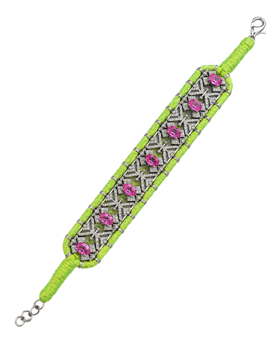 Diamond-encrusted Sterling Silver Friendship Bracelet with Pink Topaz Stones in Lime Thread