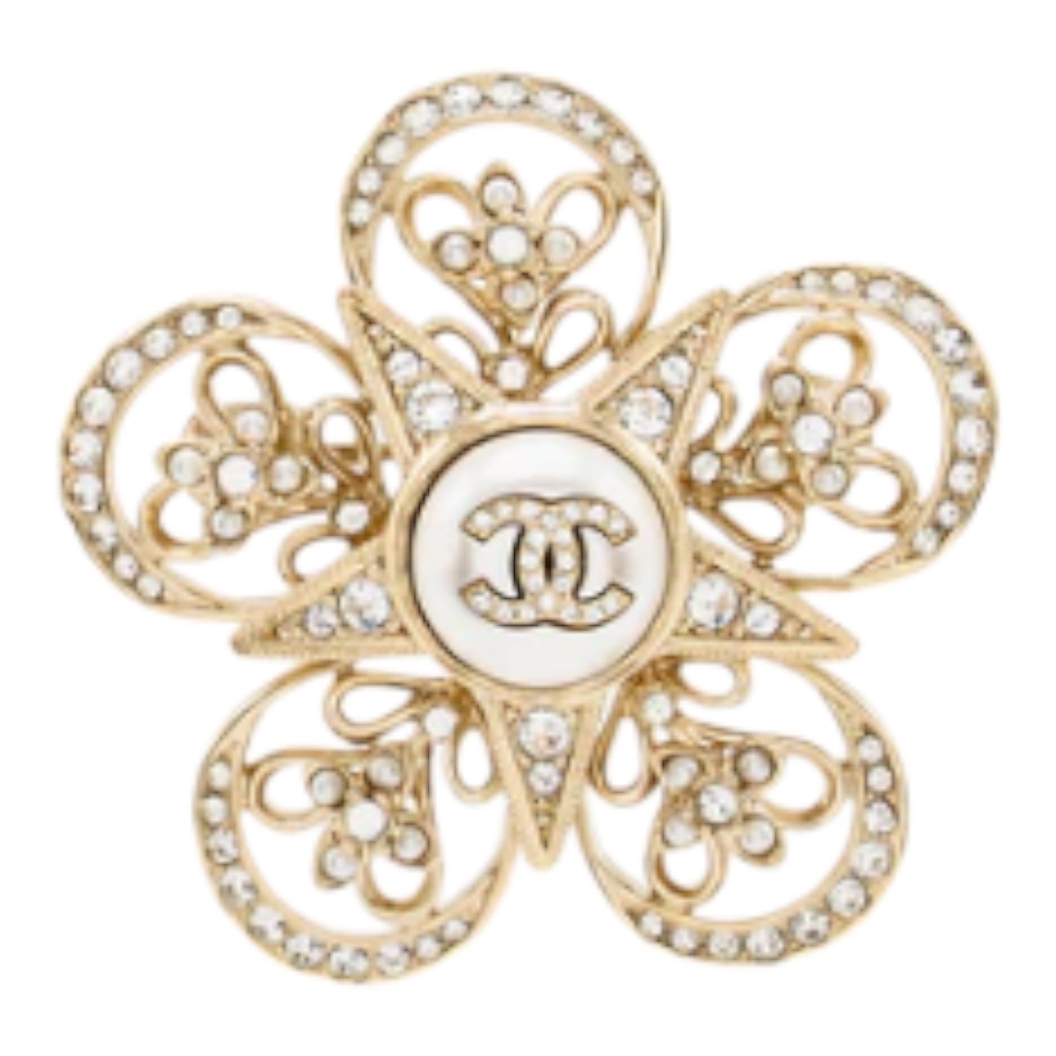 Chanel CC Flower Star Brooch Pearl/Crystal Light Gold Tone