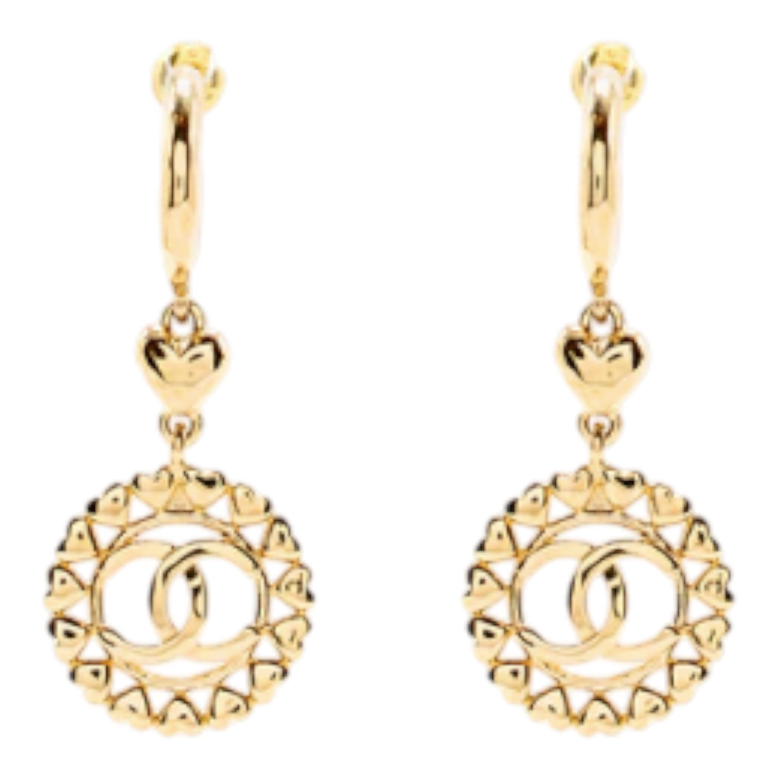 Chanel Heart Circle CC Drop Earrings Light Gold Tone