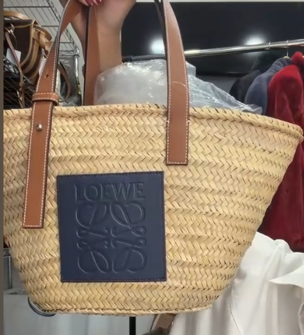 LOEWE Raffia x Leather Natural x Brown x Navy Basket Bag B0610VG726