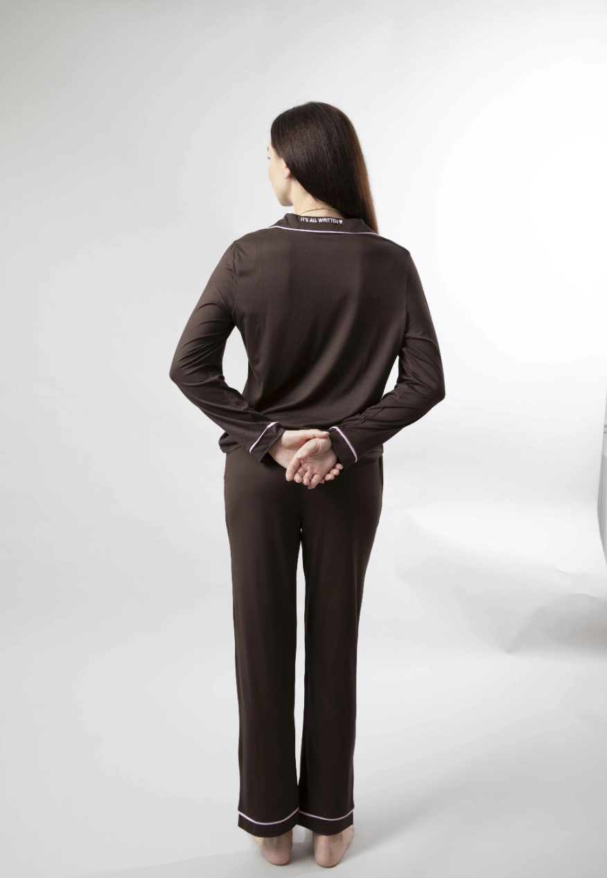 Espresso Martini - Espresso Brown Pyjama Set With Baby Pink Piping