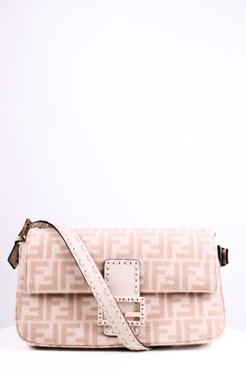 Fendi Wool Selleria Zucca Baguette Bag Cream/ Beige