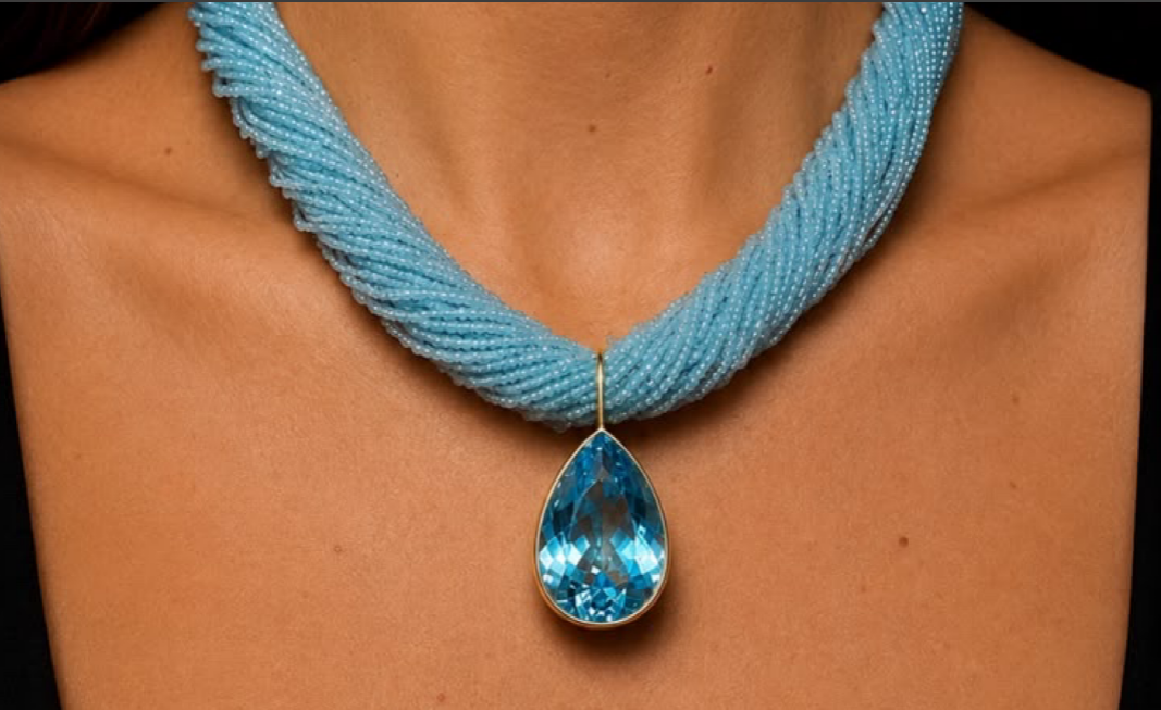 CL TORSAIDE DE AGUA MARINHA COM GOTA TOPAZIO AZUL - ouro18k NECKLACE DXBCS6260