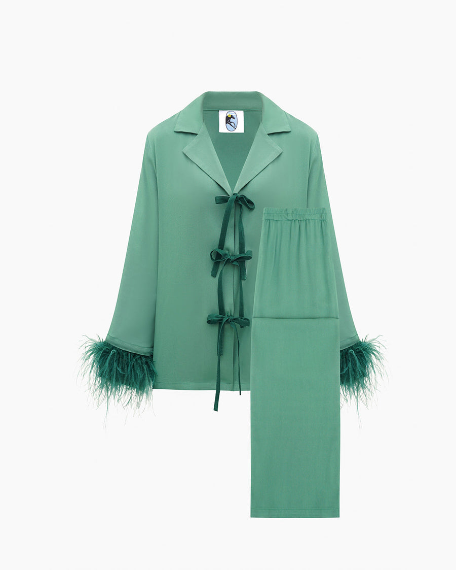 The Bow Pajama Set with Detachable Feathers in Green