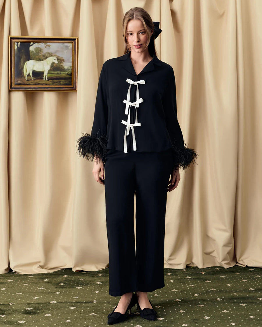 The Bow Pajama Set in Black with Detachable Feathers