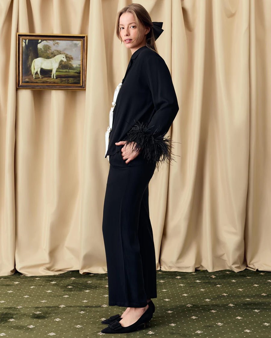 The Bow Pajama Set in Black with Detachable Feathers