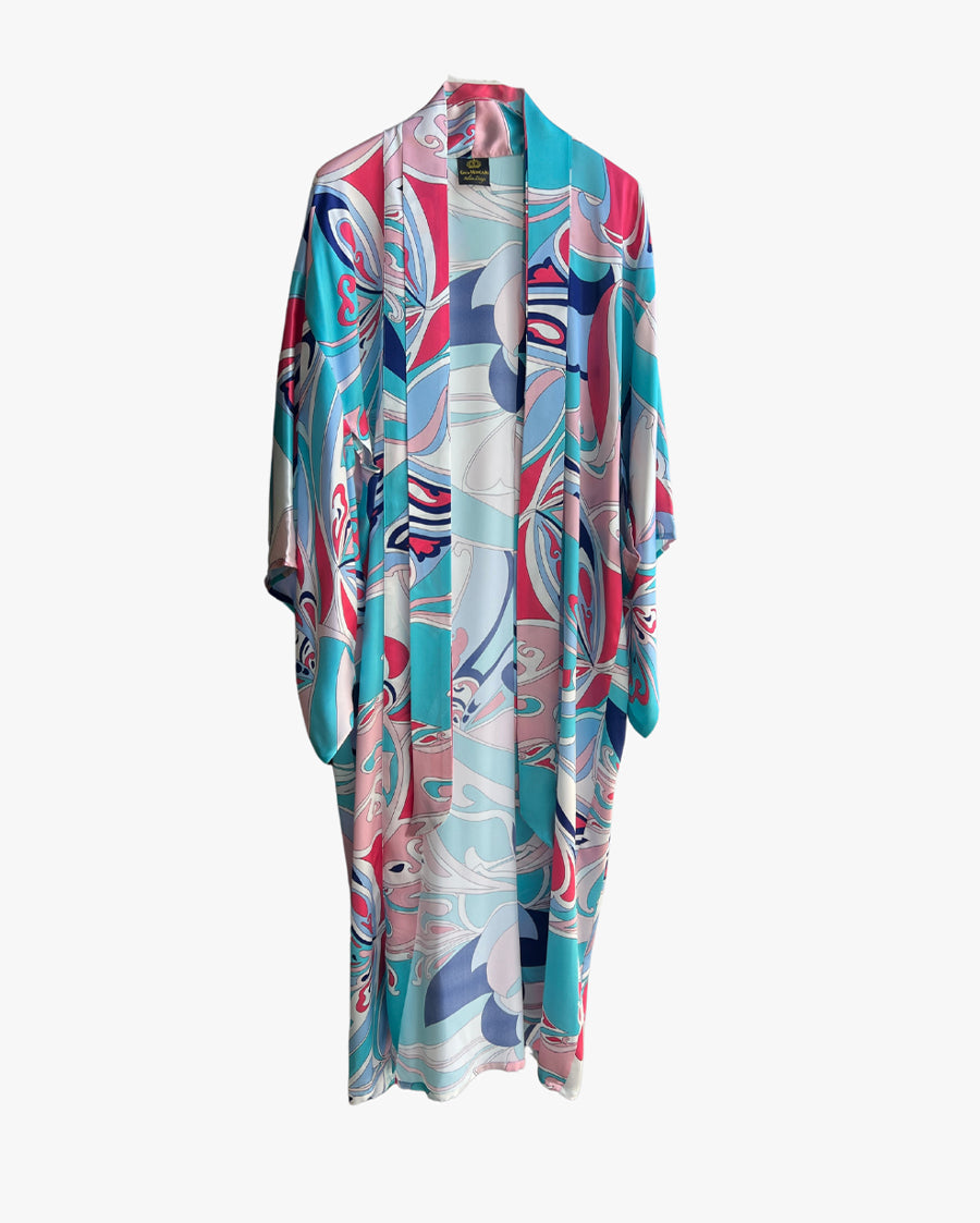 Turquoise Pink Abstract Long Silk Kimono Coverup