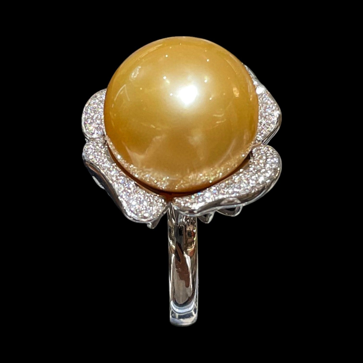 South Sea Gold Pearl 14-15mm & 0.465ct Diamond Flower Ring 14-15mm set in 18K White Gold