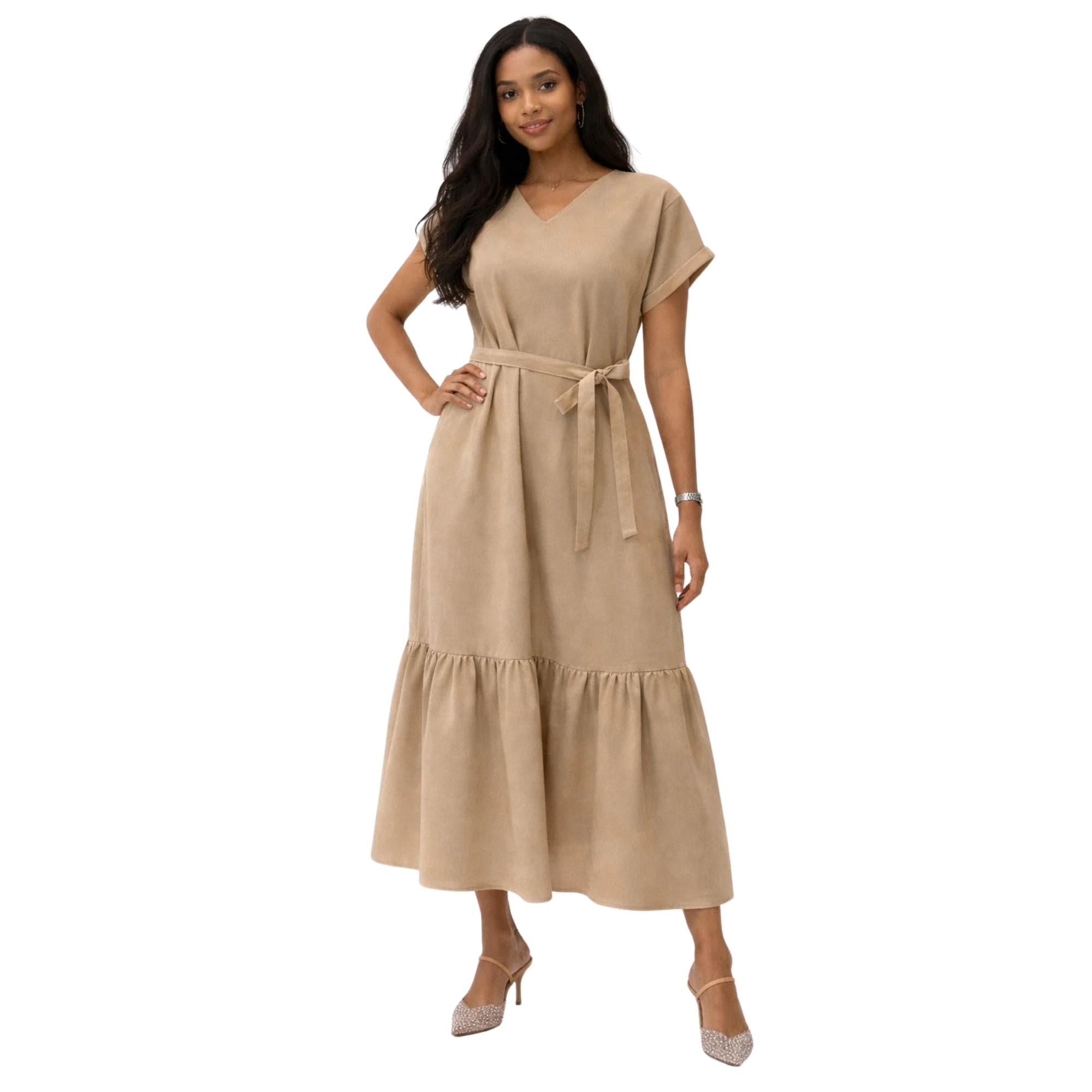 V-NECK BELTED DRESS “LEE-JOHN"