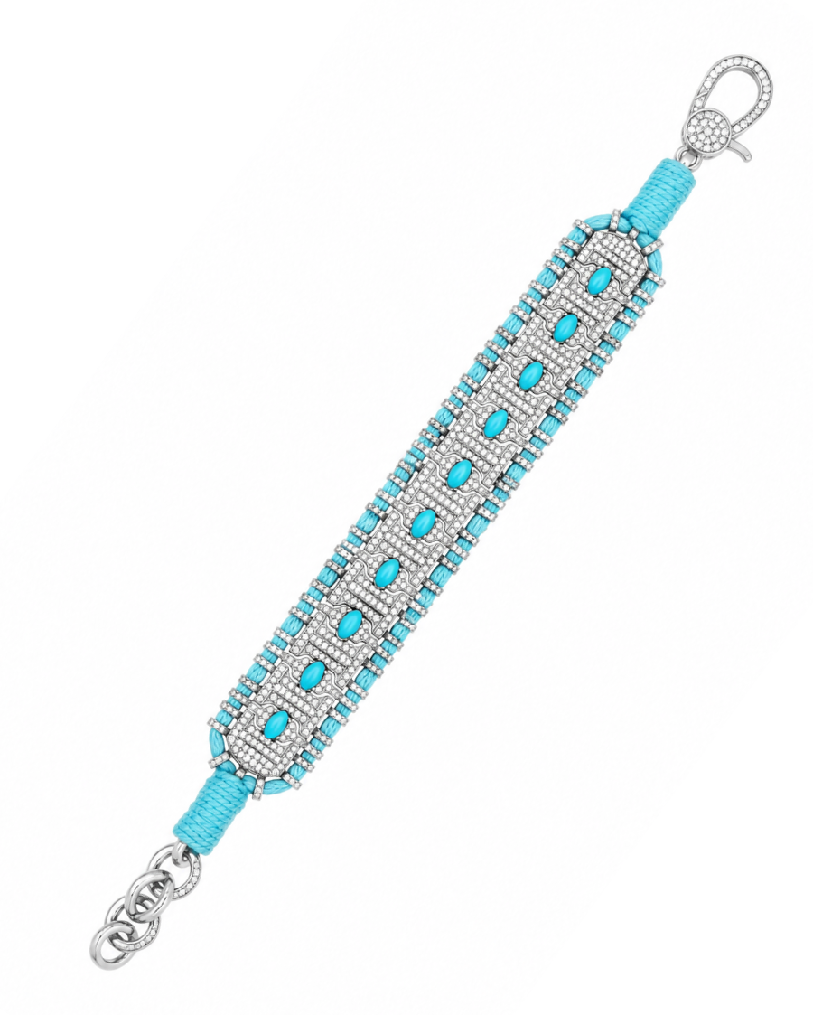 Diamond-encrusted Sterling Silver Friendship Bracelet with Turquoise Oval Cabochon Stones in Sky Blue Thread