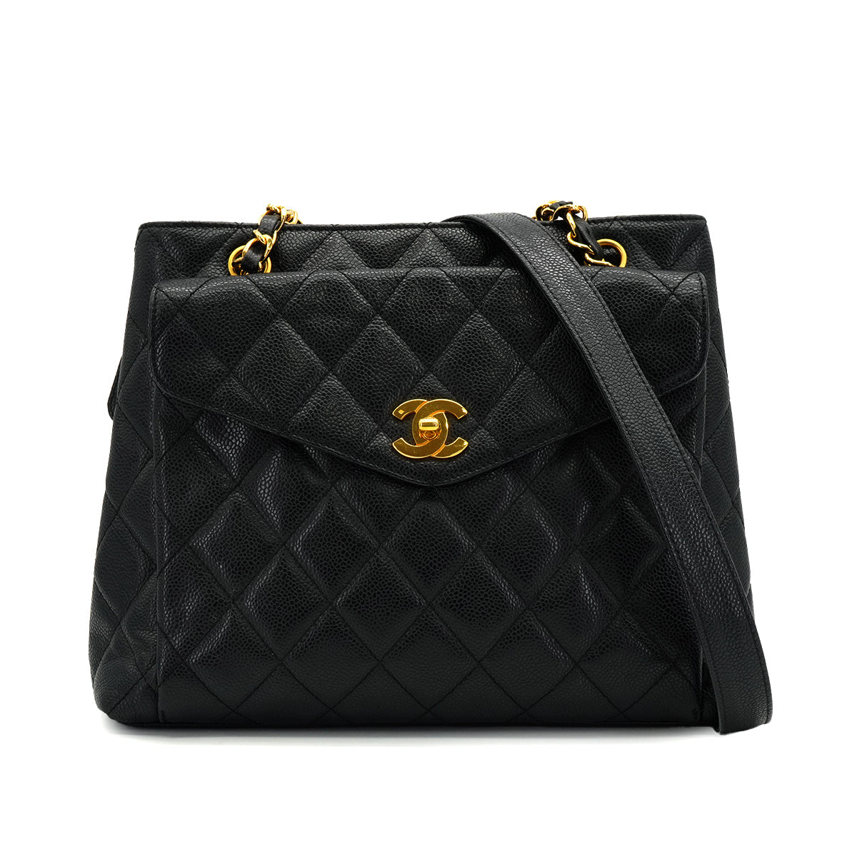 VINTAGE CHANEL MATELASSE CHAIN SHOULDER BAG BLACK CAVIAR SKIN GOLD HARDWARE 90332384