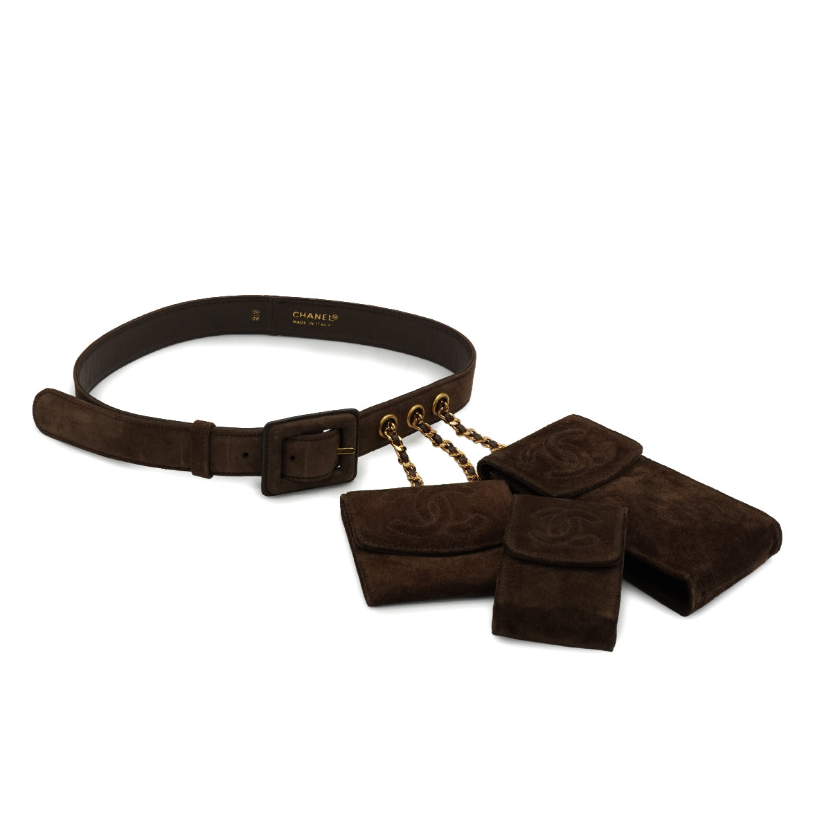 VINTAGE CHANEL BELT WITH POUCHES COCOMARK BROWN SUEDE ACCESSORY GOLD HARDWARE 90335795