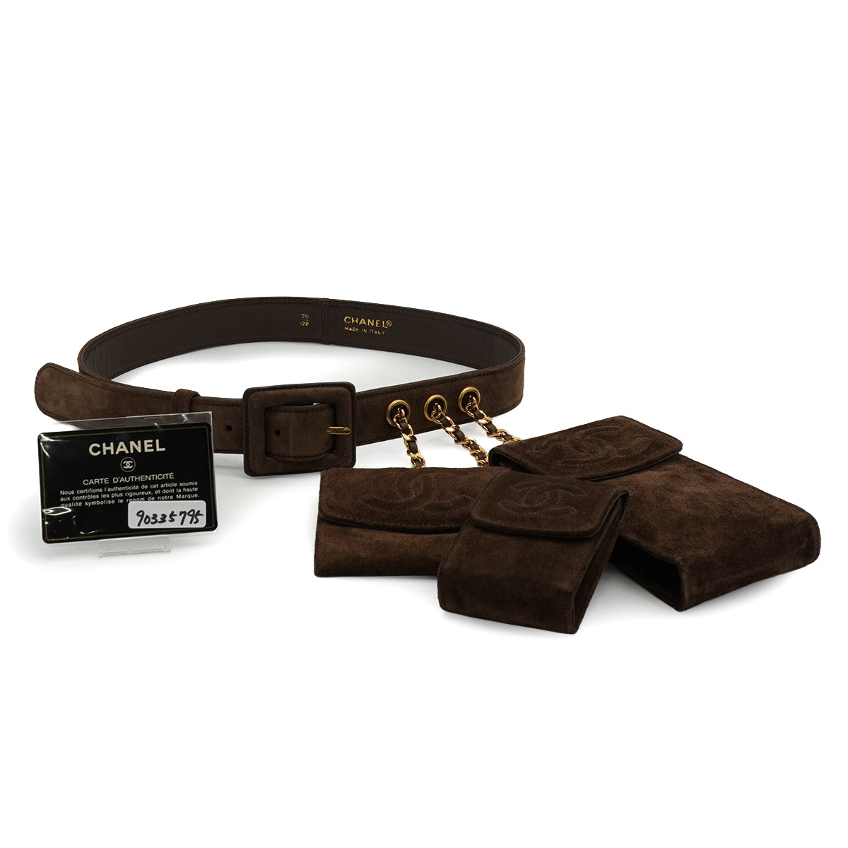 VINTAGE CHANEL BELT WITH POUCHES COCOMARK BROWN SUEDE ACCESSORY GOLD HARDWARE 90335795