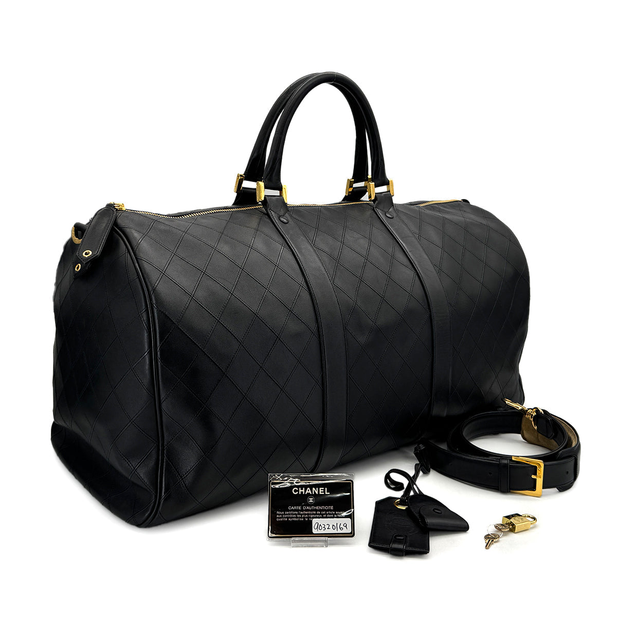 VINTAGE CHANEL BICOLORE BOSTON SHOULDER BAG BLACK LEATHER GOLD HARDWARE 90320169
