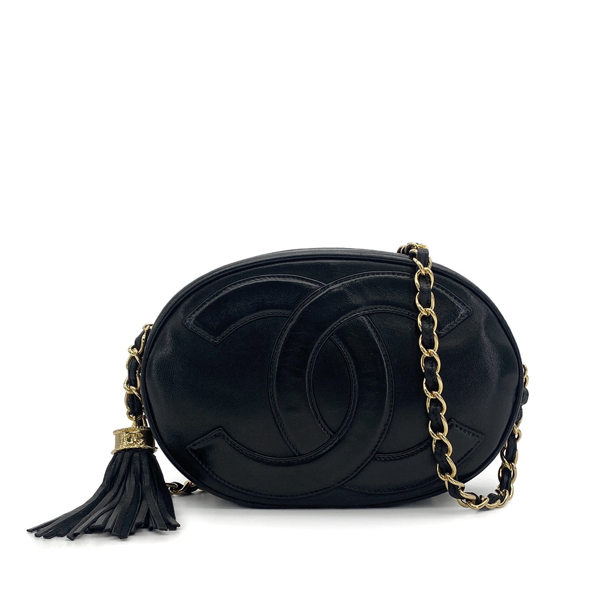 VINTAGE CHANEL BIG COCO CHAIN SHOULDER BAG FRINGE BLACK LAMB SKIN GOLD HARDWARE 90317912