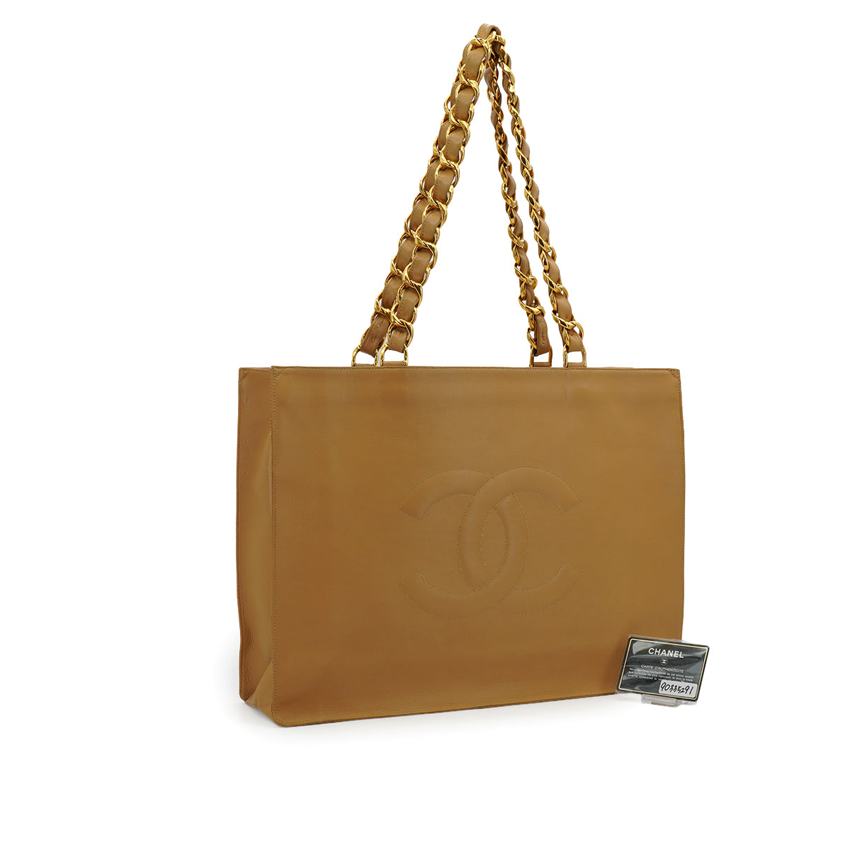 VINTAGE CHANEL BIG COCO CHAIN TOTE BAG BEIGE LEATHER GOLD HARDWARE 90335291
