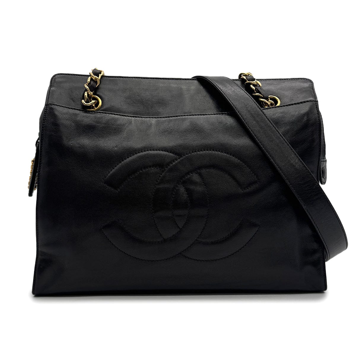 VINTAGE CHANEL BIG COCO CHAIN TOTE BAG BLACK LAMB SKIN GOLD HARDWARE 90315017