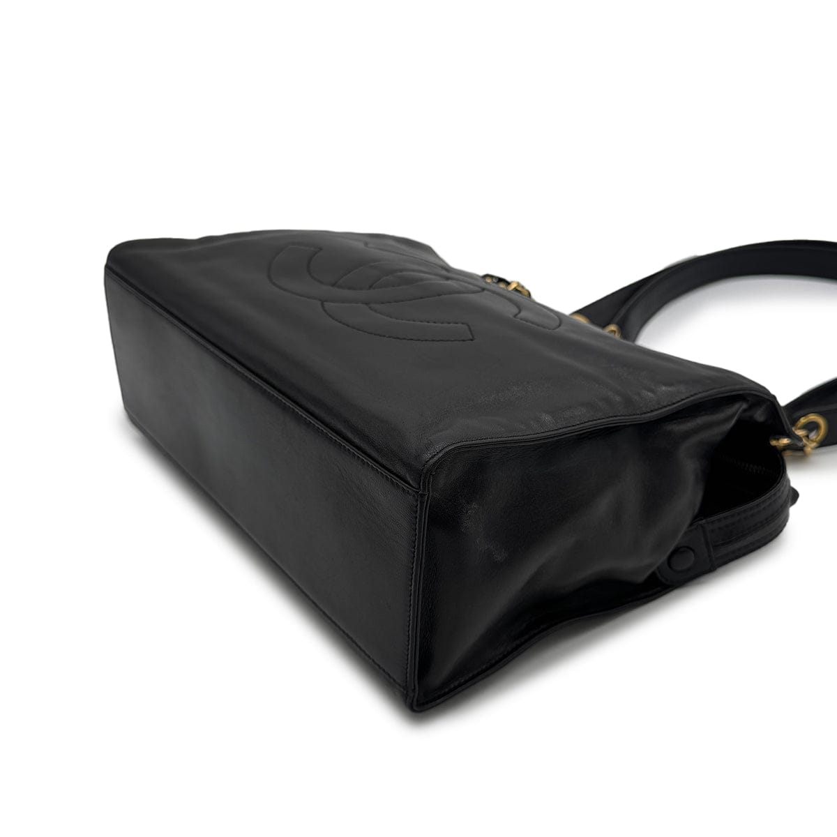 VINTAGE CHANEL BIG COCO CHAIN TOTE BAG BLACK LAMB SKIN GOLD HARDWARE 90315017