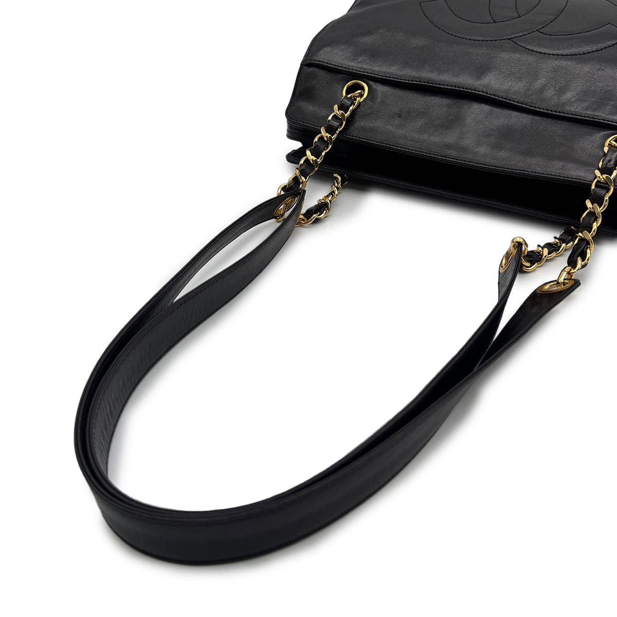 VINTAGE CHANEL BIG COCO CHAIN TOTE BAG BLACK LAMB SKIN GOLD HARDWARE 90315017