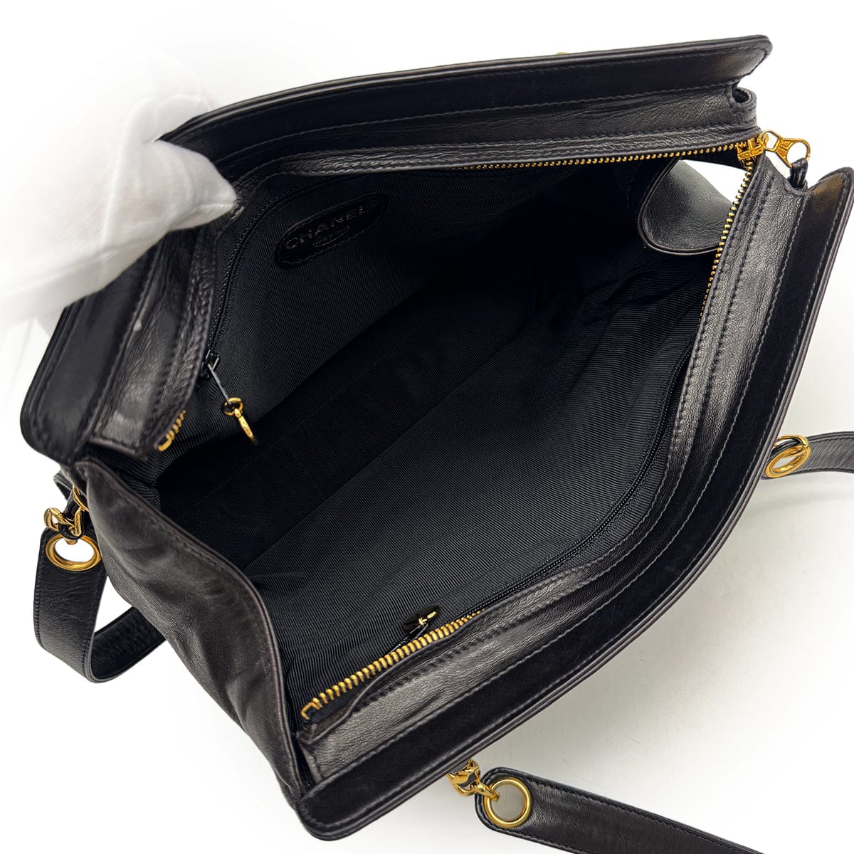 VINTAGE CHANEL BIG COCO CHAIN TOTE BAG BLACK LAMB SKIN GOLD HARDWARE 90315017