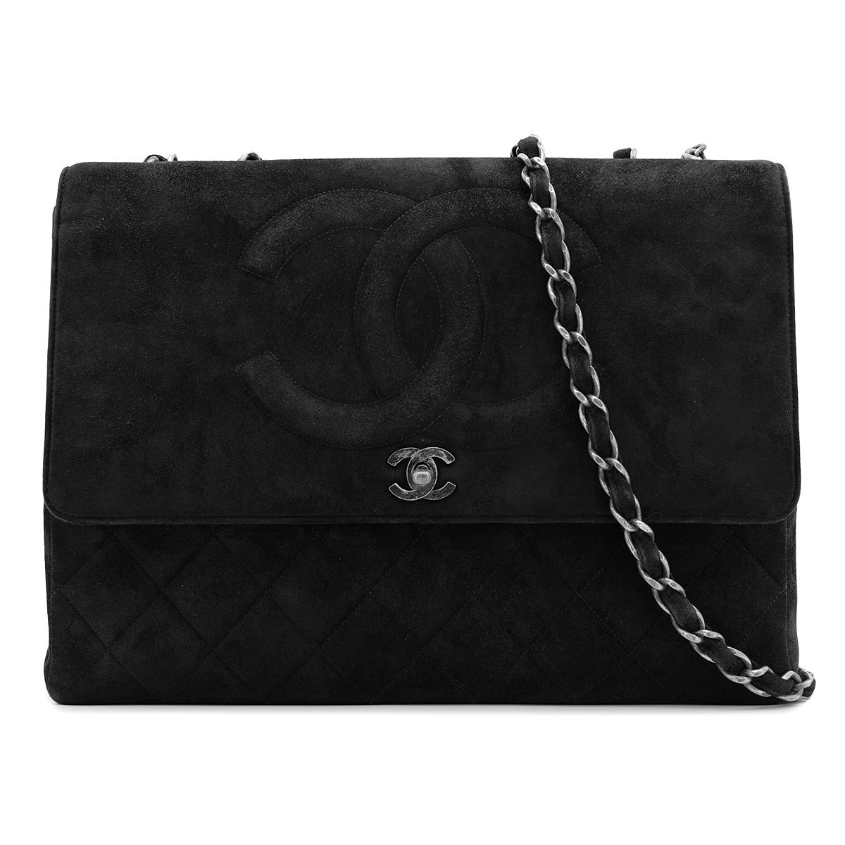 VINTAGE CHANEL BIG COCO MATELASSE CHAIN SHOULDER BAG BLACK SUEDE SILVER HARDWARE 90317179