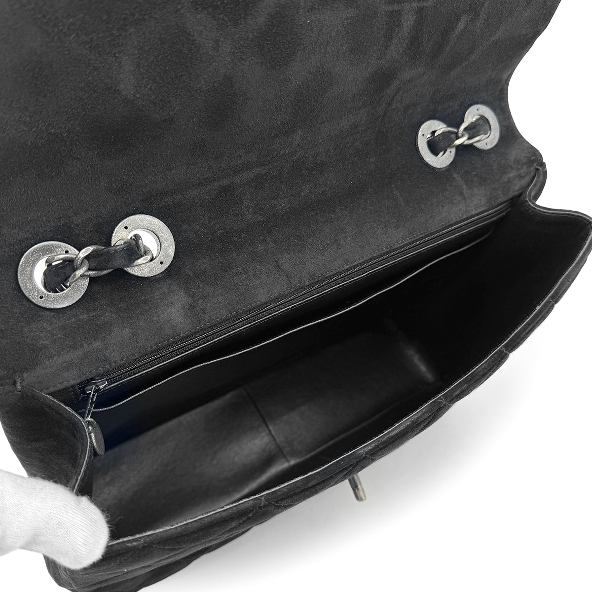VINTAGE CHANEL BIG COCO MATELASSE CHAIN SHOULDER BAG BLACK SUEDE SILVER HARDWARE 90317179