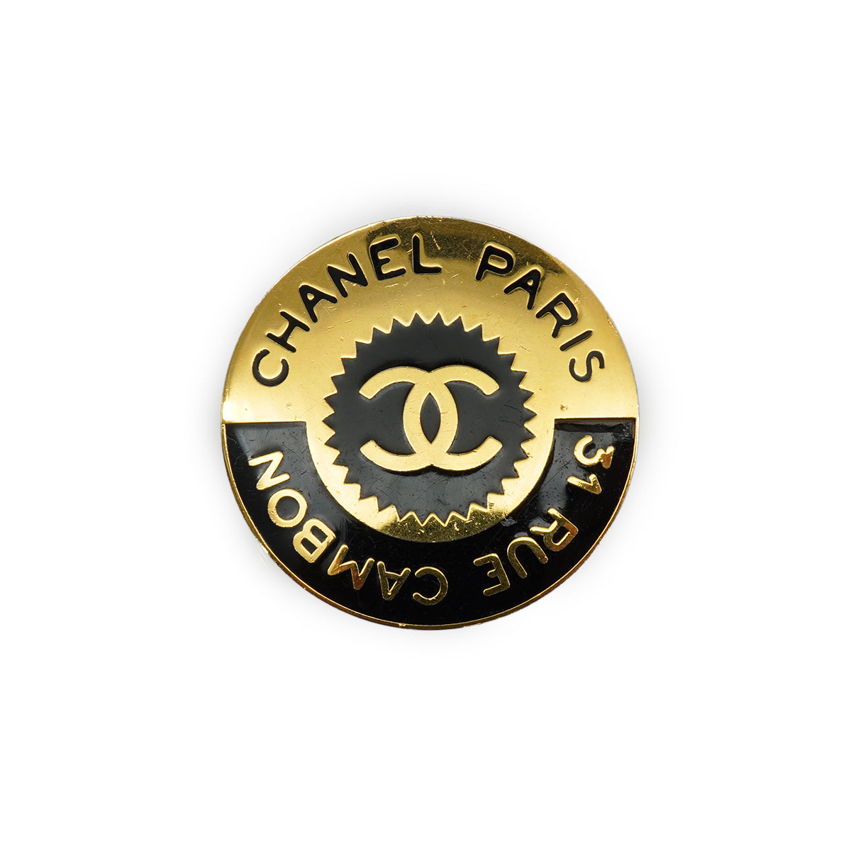 VINTAGE CHANEL BROOCH 31 RUE CAMBON COCOMARK LOGO ROUND BLACK GOLD ACCESSORY 90335731