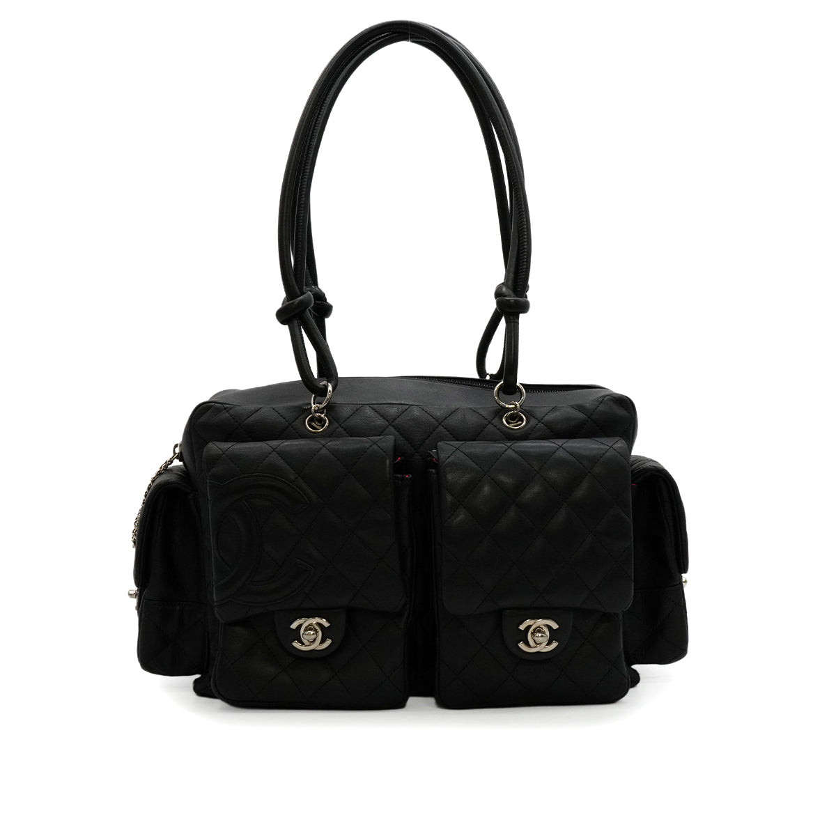 VINTAGE CHANEL CAMBON MULTIPOCKET SHOULDER BAG BLACK LEATHER SILVER HARDWARE 90346669