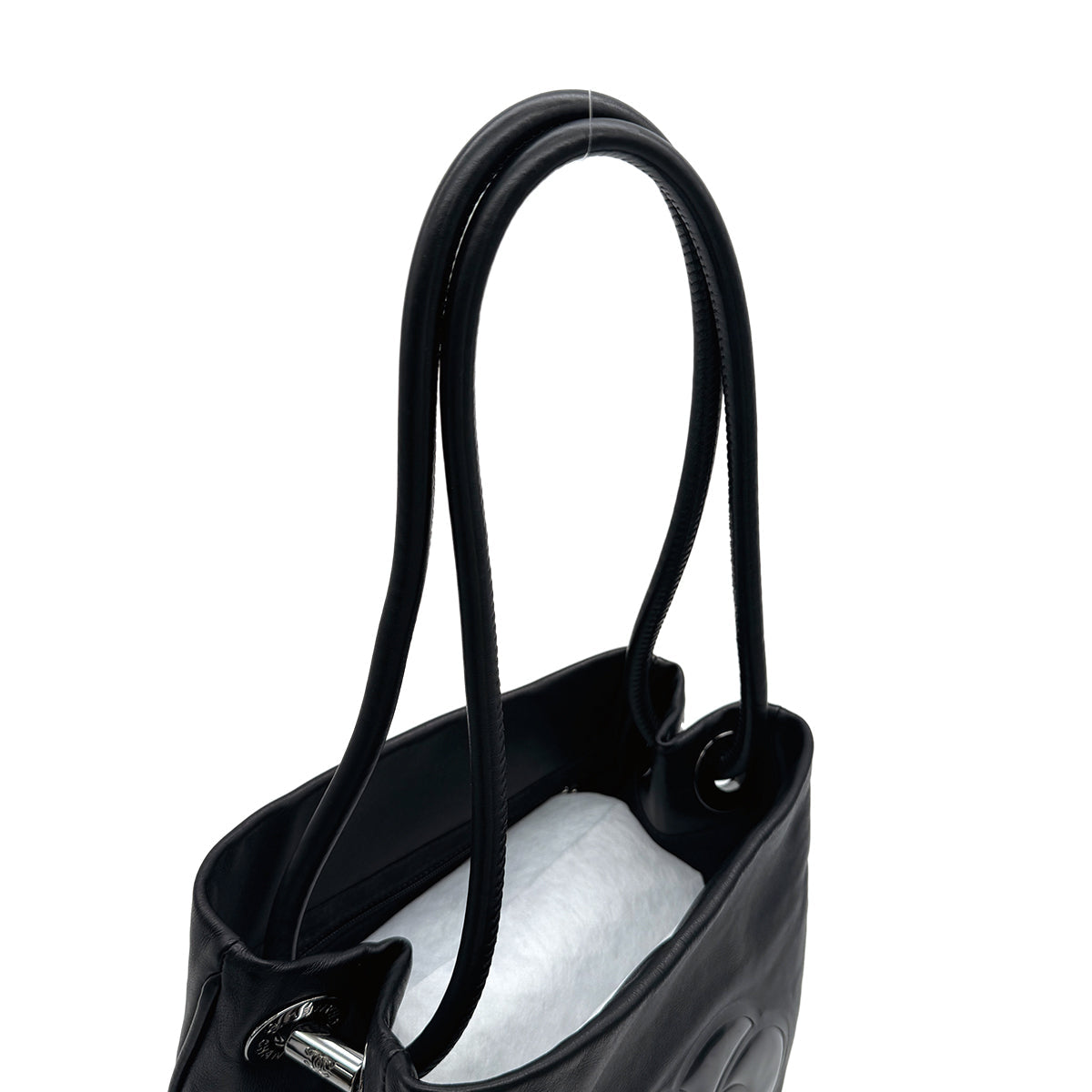 VINTAGE CHANEL CAMELLIA LOGO TOTE BAG BLACK LEATHER ENAMEL 90317870