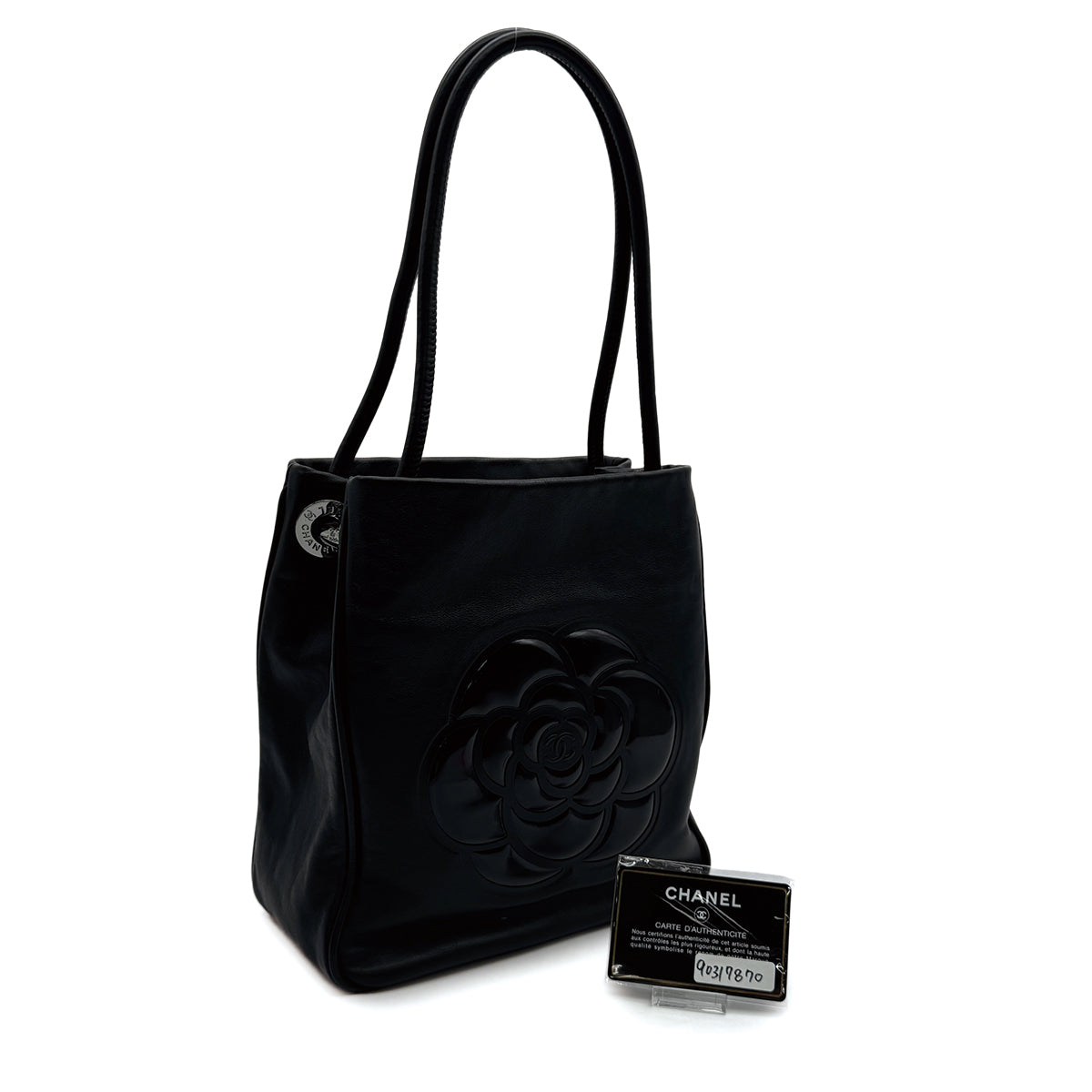 VINTAGE CHANEL CAMELLIA LOGO TOTE BAG BLACK LEATHER ENAMEL 90317870
