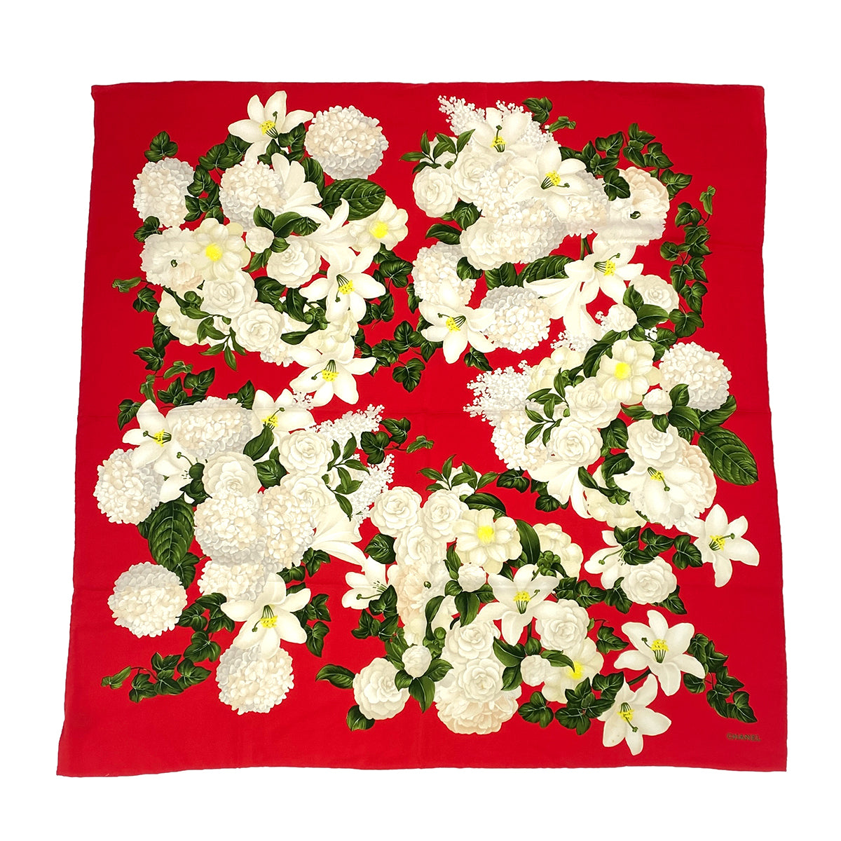 VINTAGE CHANEL CAMELLIA SCARF RED WHITE GREEN SILK 90313884