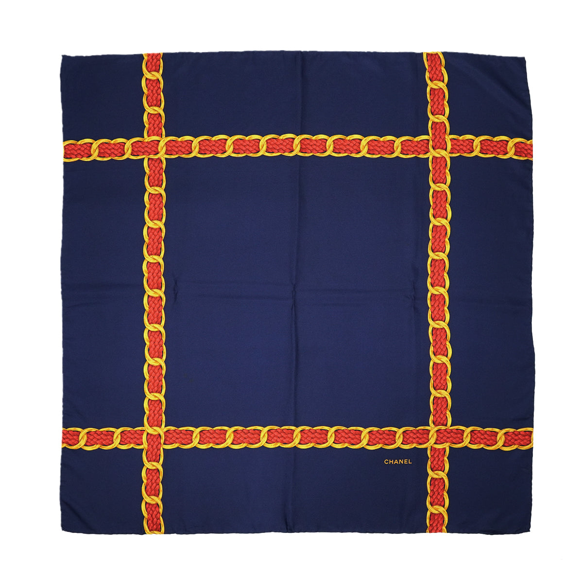 VINTAGE CHANEL CHAIN PATTERN SCARF NAVY GOLD RED SILK 90326715