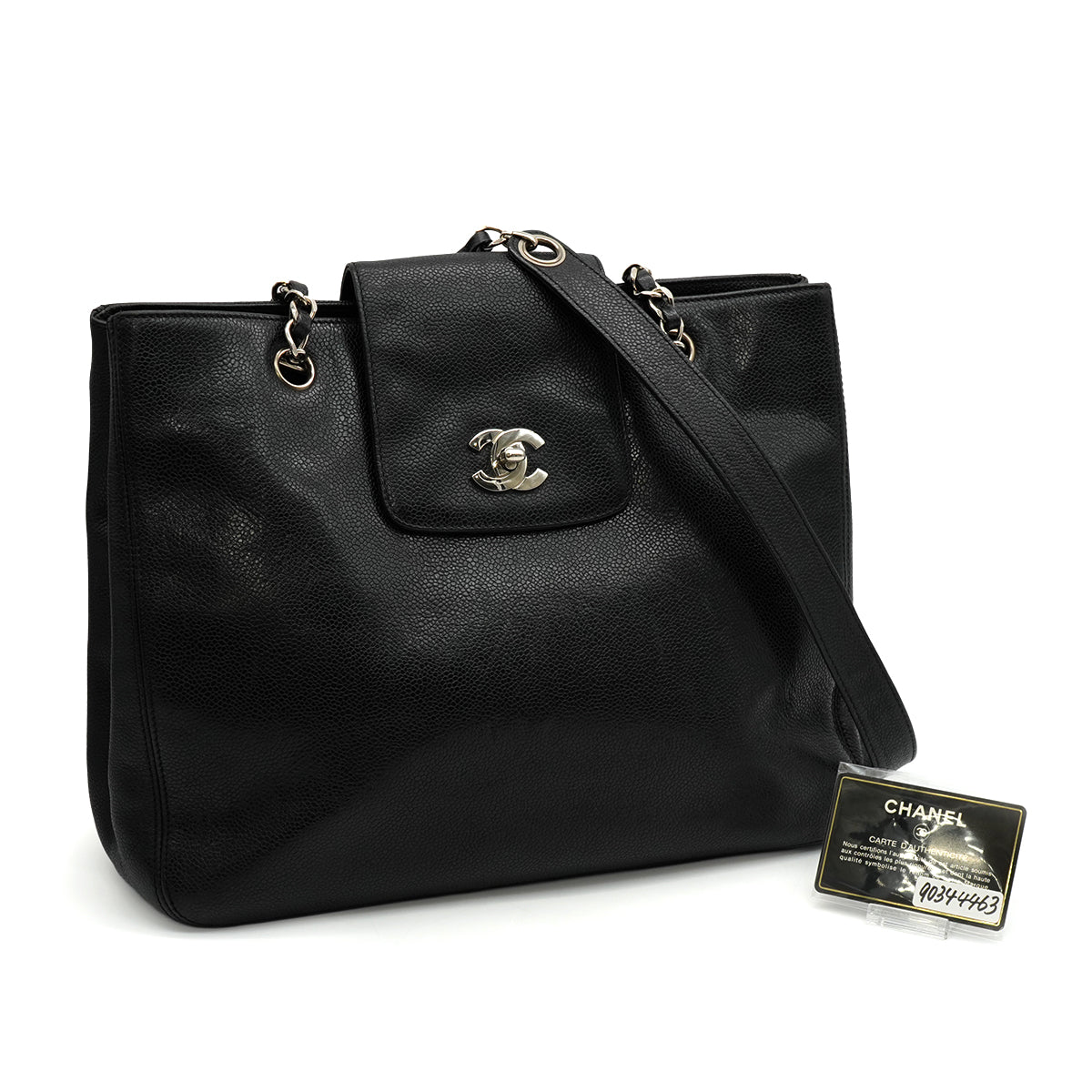 VINTAGE CHANEL CHAIN SHOULDER BAG BLACK CAVIAR SKIN SILVER HARDWARE 90344463