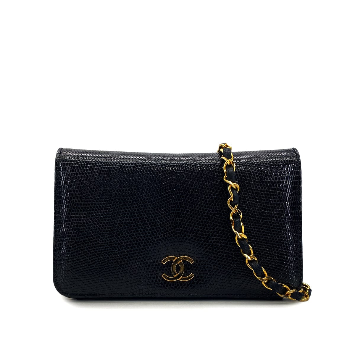 VINTAGE CHANEL CHAIN SHOULDER BAG BLACK LIZARD GOLD HARDWARE 90325633