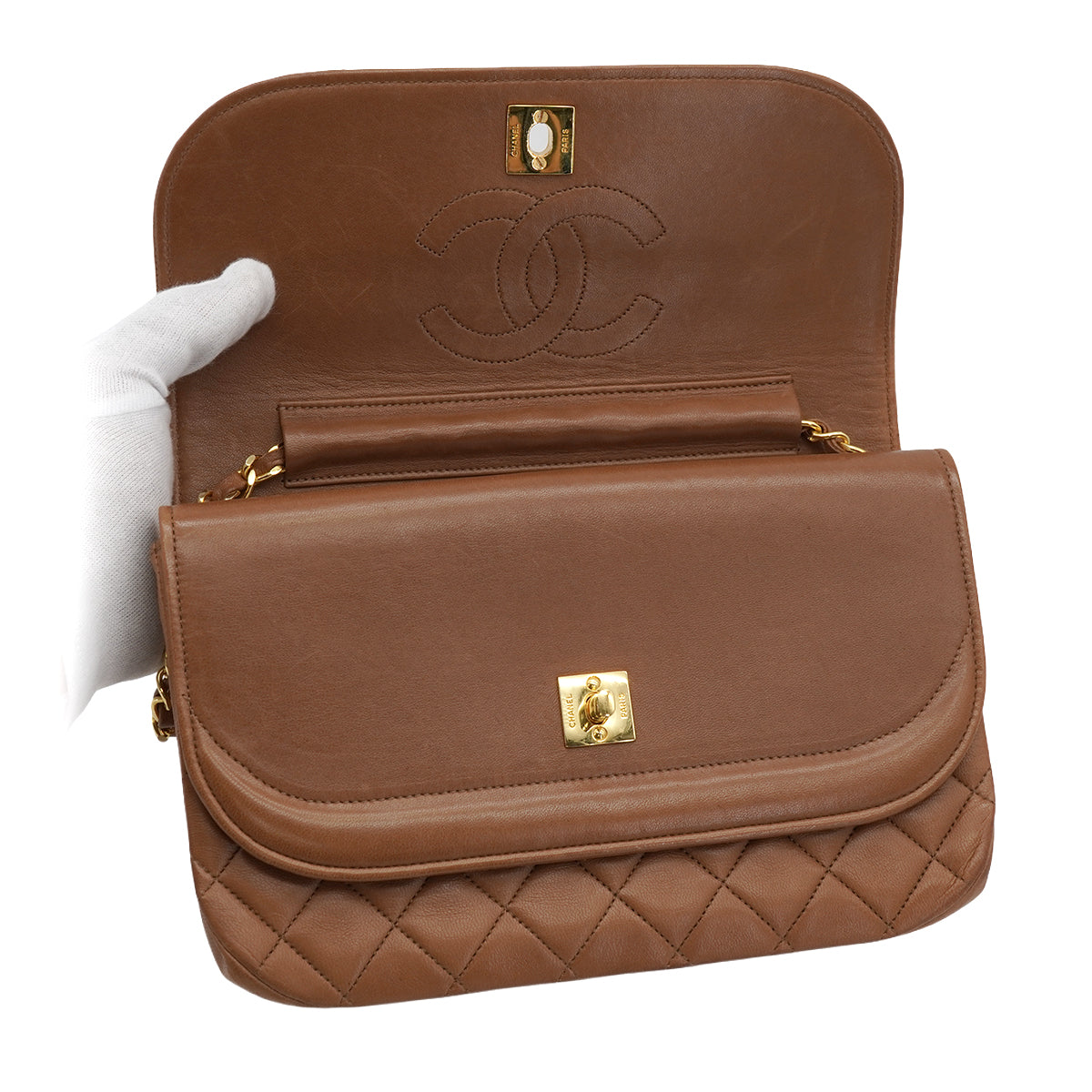 VINTAGE CHANEL MATELASSE CHAIN SHOULDER BAG BROWN LAMB SKIN GOLD HARDWARE 90334145