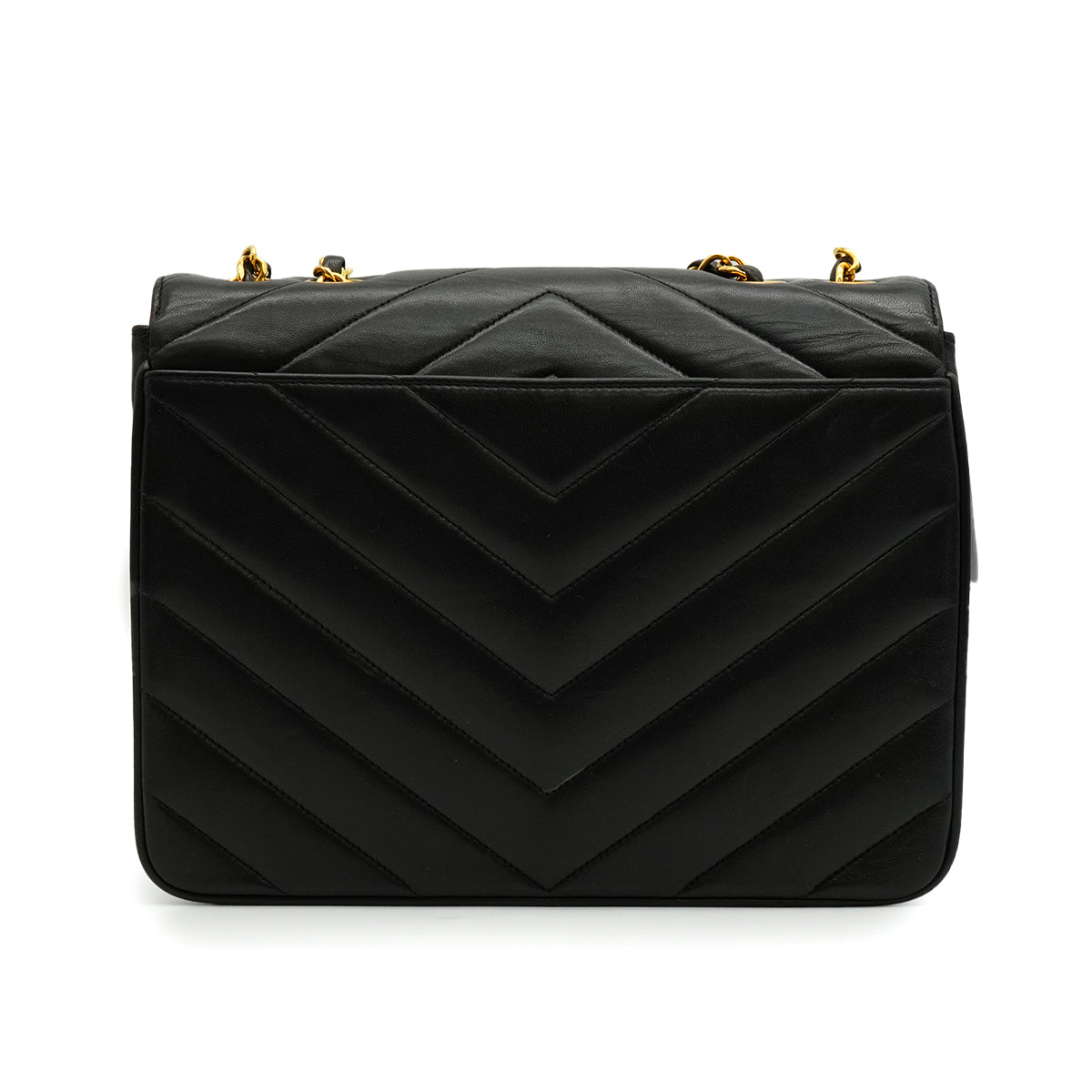 VINTAGE CHANEL CHEVRON V STITCH CHAIN SHOULDER BAG BLACK LAMB SKIN GOLD HARDWARE 90339645