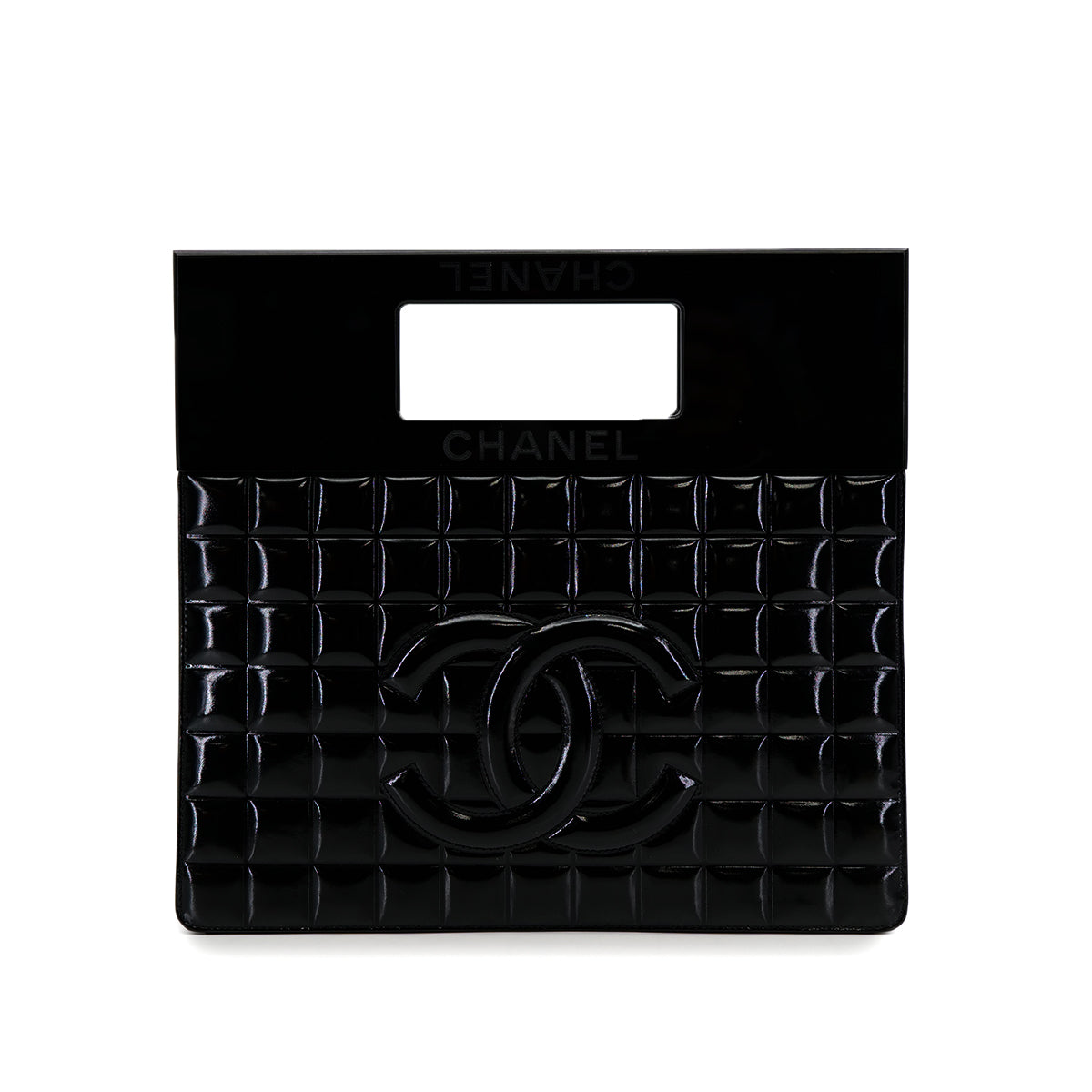 VINTAGE CHANEL CHOCOLATE BAR ENAMEL HAND BAG BLACK PATENT PLASTIC 90319987