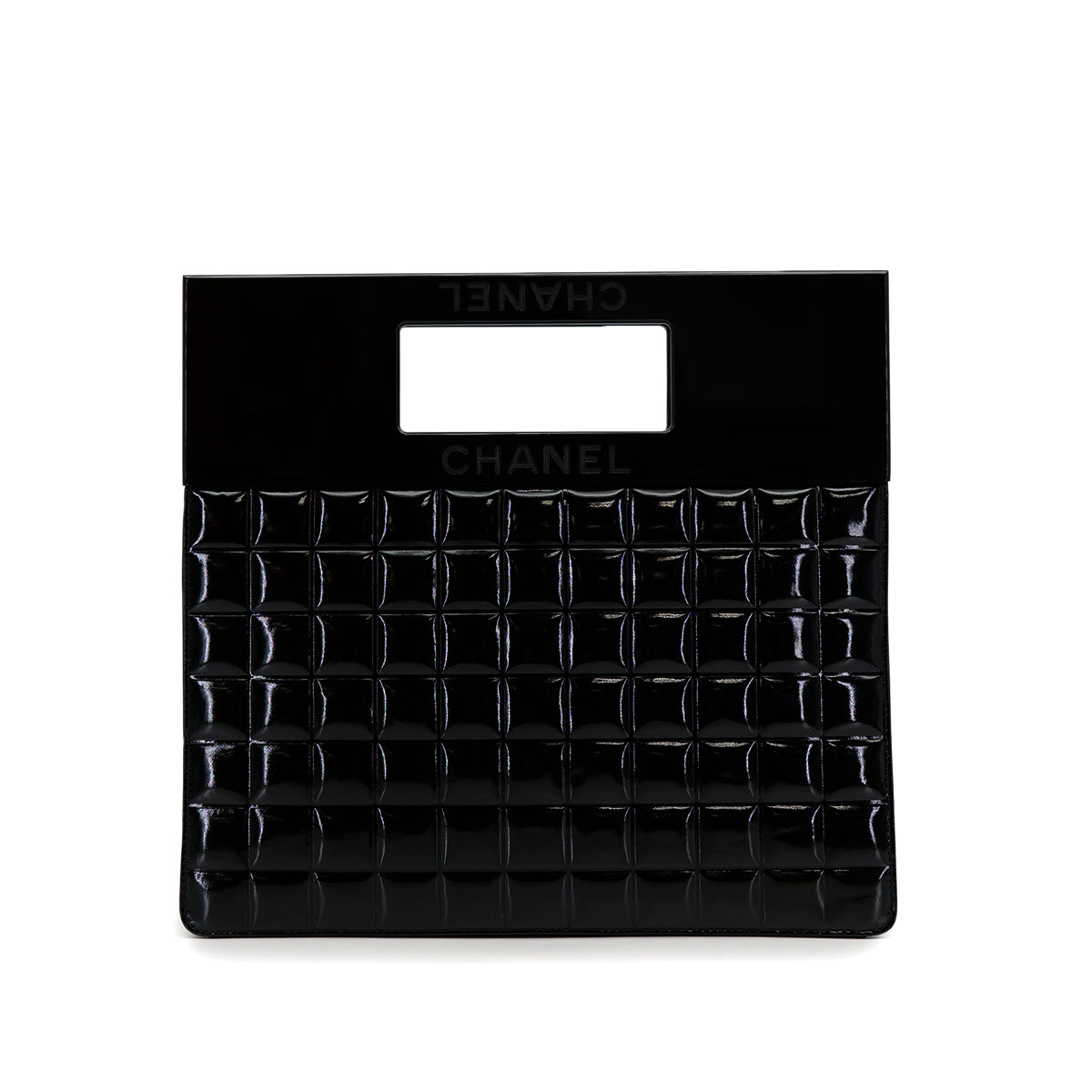 VINTAGE CHANEL CHOCOLATE BAR ENAMEL HAND BAG BLACK PATENT PLASTIC 90319987