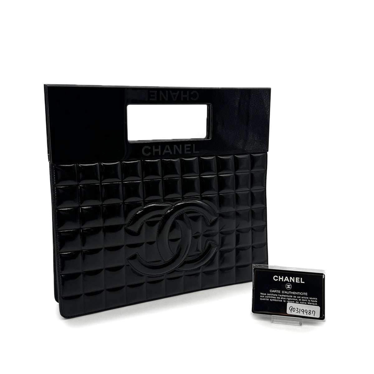 VINTAGE CHANEL CHOCOLATE BAR ENAMEL HAND BAG BLACK PATENT PLASTIC 90319987