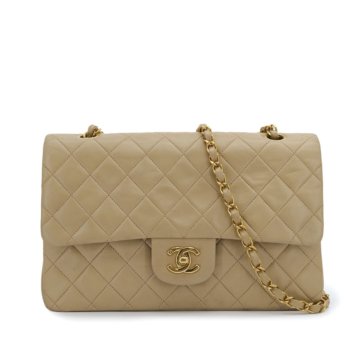 VINTAGE CHANEL CLASSIC FLAP MEDIUM CHAIN SHOULDER BAG BEIGE LAMB SKIN GOLD HARDWARE 90309819