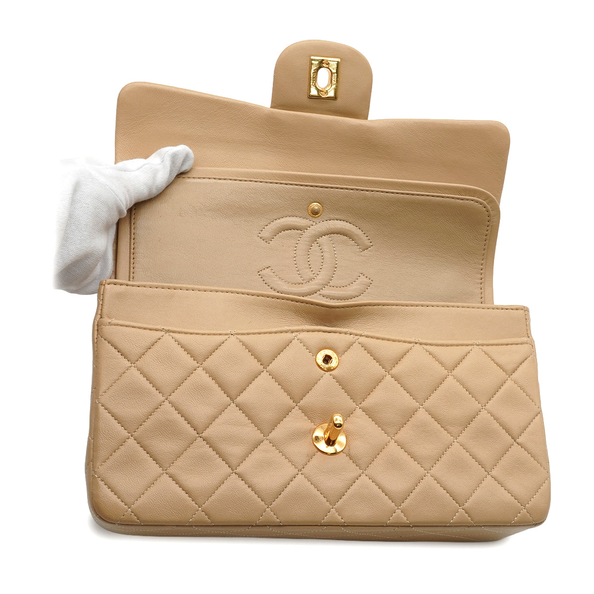 VINTAGE CHANEL CLASSIC FLAP SMALL CHAIN SHOULDER BAG BEIGE LAMB SKIN GOLD HARDWARE 90346683