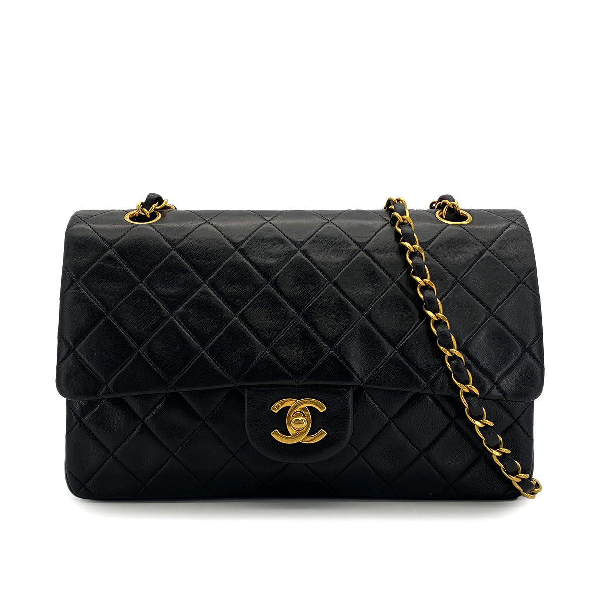 VINTAGE CHANEL CLASSIC FLAP MEDIUM CHAIN SHOULDER BAG BLACK LAMB SKIN GOLD HARDWARE 90324140
