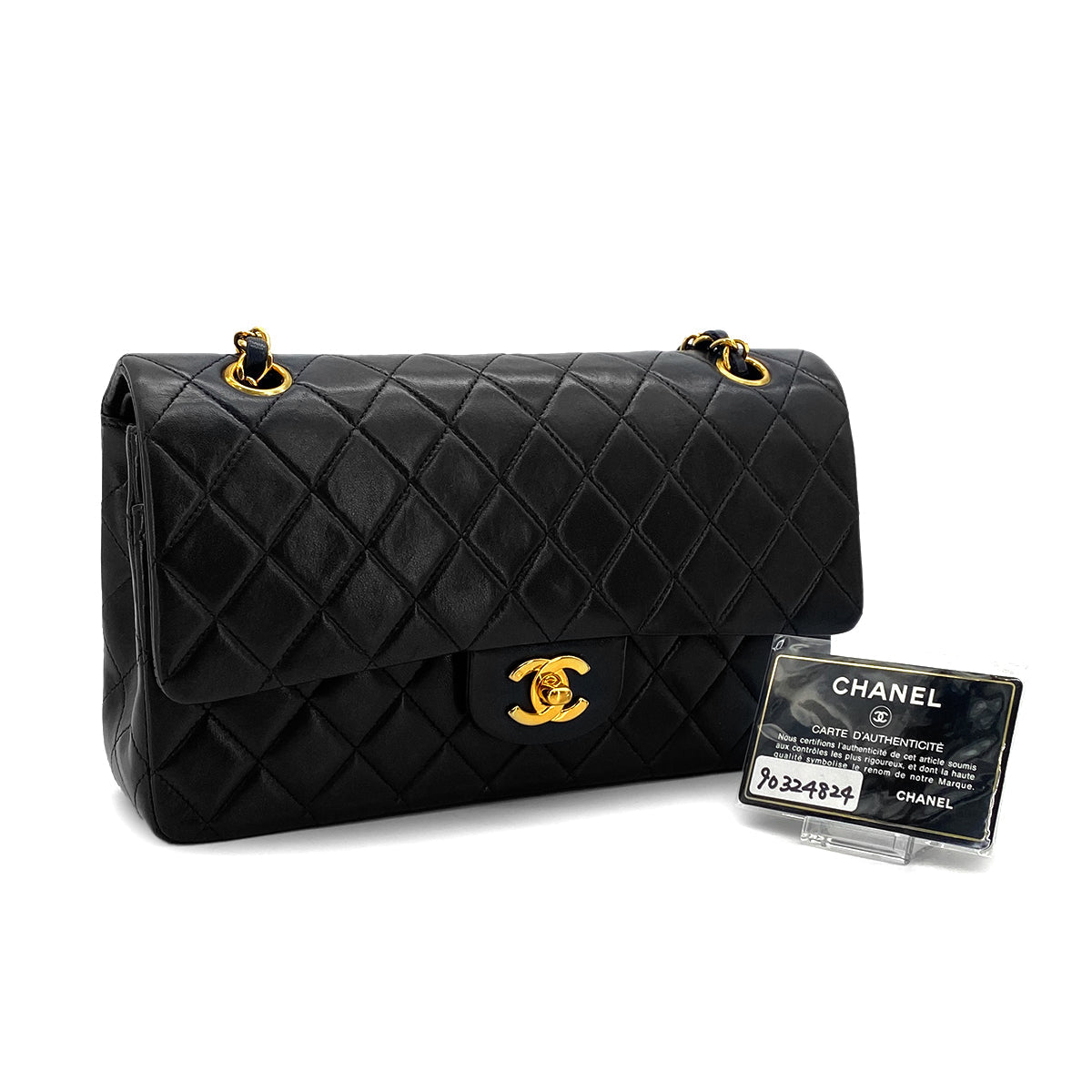VINTAGE CHANEL CLASSIC FLAP MEDIUM CHAIN SHOULDER BAG BLACK LAMB SKIN GOLD HARDWARE 90324824