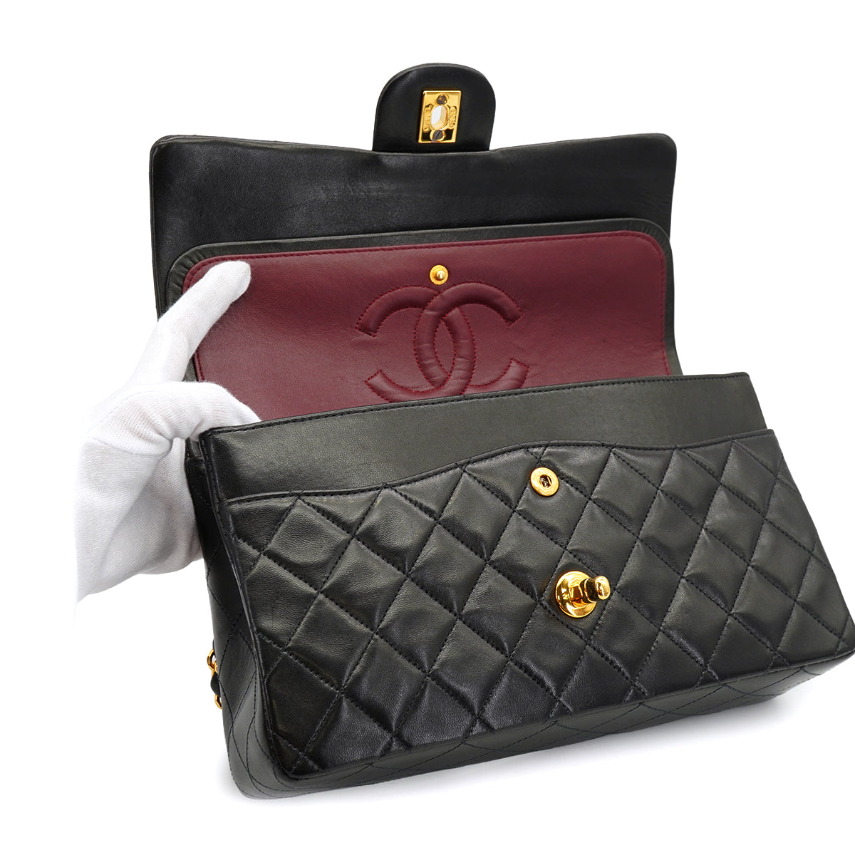VINTAGE CHANEL CLASSIC FLAP MEDIUM CHAIN SHOULDER BAG BLACK LAMB SKIN GOLD HARDWARE 90334157