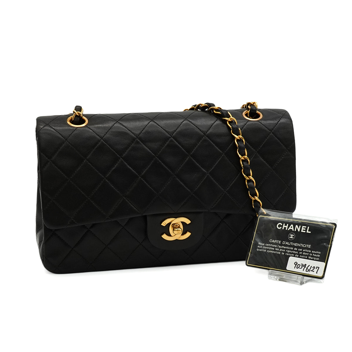 VINTAGE CHANEL CLASSIC FLAP MEDIUM CHAIN SHOULDER BAG BLACK LAMB SKIN GOLD HARDWARE 90346127